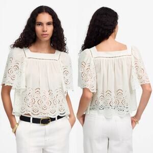 Madewell Women's Embroidered Eyelet Flutter-Sleeve Top NV198 White Size XS NWT